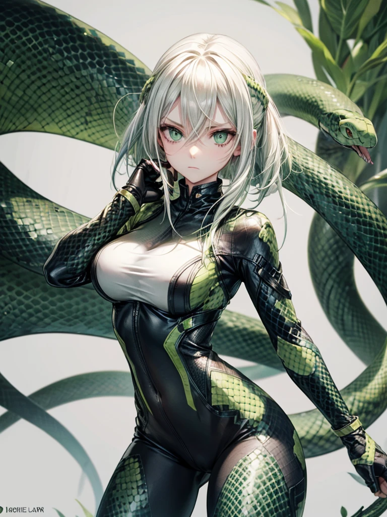 Snake girl , snake-colored tights, green, green eyes , Snake Eyes, White hair,  expressionless