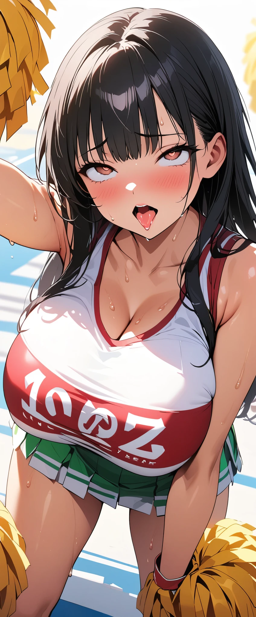 (beautiful girl:1.3),masterpiece,Please redeem,Ultra-high resolution,rich contrast,Very high quality,8k,Highly detailed CG unit wallpaper,Texture,So ridiculous,RAW Photos,Highest quality anime,Depth of written boundary 1.2,ultra-detailed eyes,Glowing Skin,Glitter Effect,Beautiful glossy lips,( cheerleading girl:1.3),(((sweat))),Spread your arms wide, open your mouth wide,I cheer with all my heart,huge breasts,Sports day,(Sharp Bob,Black Hair, bangs),Yamada Anna,brown eyes,(((ahegao))),(Rear View:1.5)