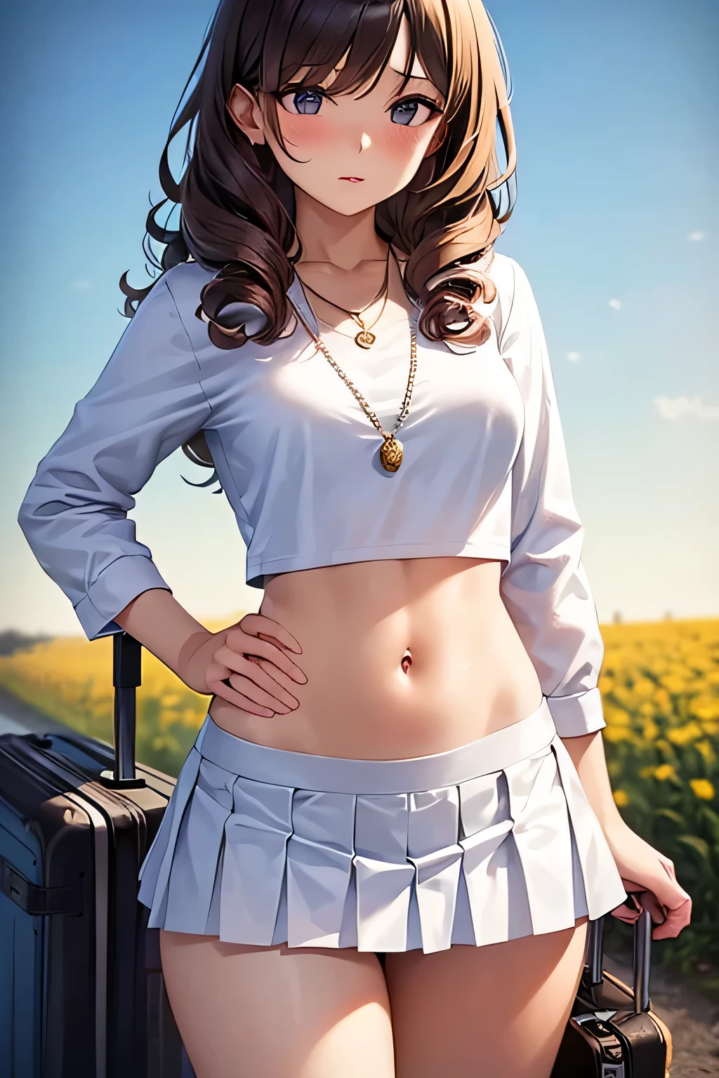 super fine illustration, vibrant colors, masterpiece, sharp focus, best quality, depth of field, cinematic lighting, ultra detailed, white skirt, pleated skirt, navel, 1 woman, solo, slender,blush, mature female, tall woman, looking down, dark hair, long hair, embarrassed, curly hair, white shirt, small breasts, bellybutton, pearl necklace, puffy long sleeves, lips, luggage, outdoors, thighs, open air, makeup, hand on own hip,  crop top, collarbone, empty road, open field, 
