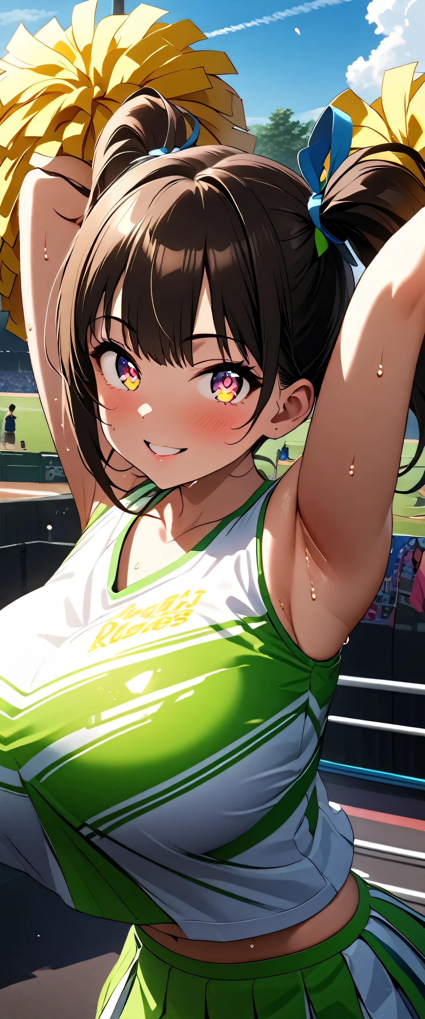 (beautiful girl:1.3),masterpiece,Please redeem,Ultra-high resolution,rich contrast,Very high quality,8k,Highly detailed CG unit wallpaper,Texture,So ridiculous,RAW Photos,Highest quality anime,Depth of written boundary 1.2,ultra-detailed eyes,Glowing Skin,Glitter Effect,Beautiful glossy lips,(Cheerleader:1.5),(((sweat))),Spread your arms wide, open the entrance wide,Sports Festival,happy smile,huge breasts),Sports day,( twin tails,Brown Hair),(From the side)