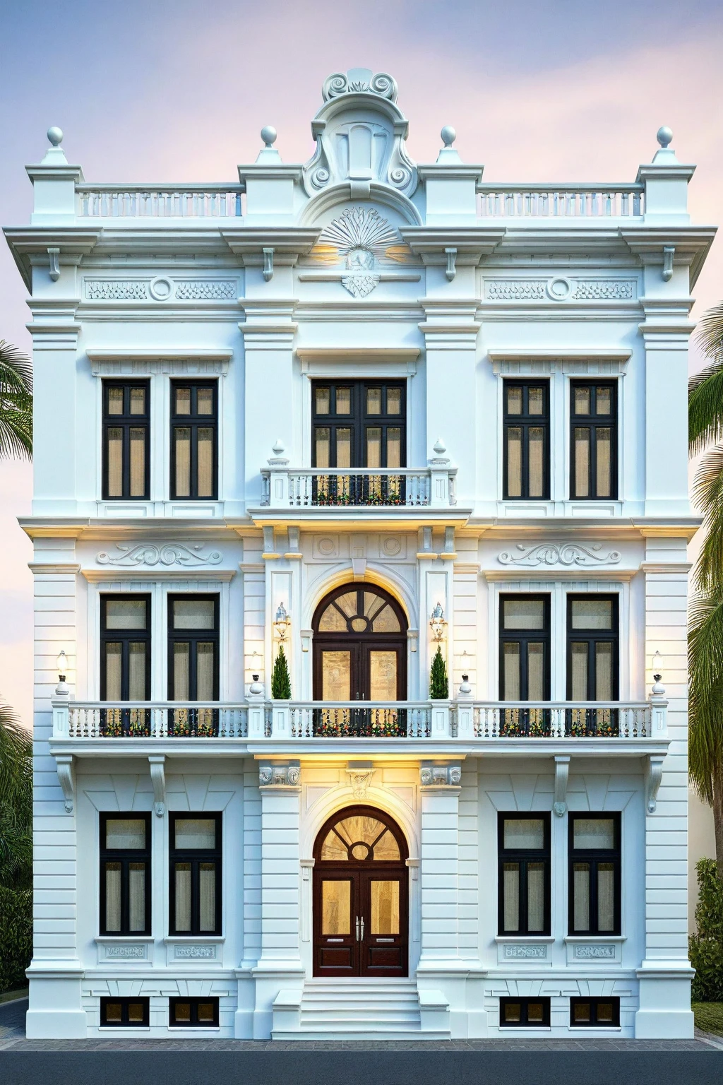 neo classical villa on street, (daylight), tropical tree, vivid colour, streetcapes, white tone, nice detail, intricate relief details, white wall, large glass door, warm interior lighting, best quality, masterpiece, ultra realistic