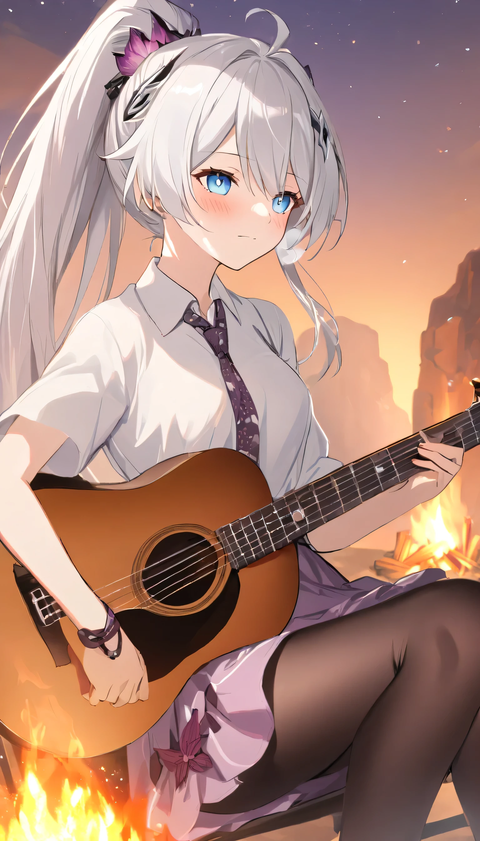 
A girl is playing guitar by the campfire, campfire circle, acoustic guitar, playing instrument, strumming gently, medium close-up, under the warm glow of the fire with friends listening and stars twinkling above, 1girl, kiana kaslana \(honkai impact 3rd\), herrscher of finality, white hair, ahoge, ponytail, very long hair, blue eyes, purple pupils, medium breast, skinny skin, blush, closed mouth, heavy breathing, white hoodie, White shirt from the front, Collared shirt, tie, Short skirt, purple Skirt, pantyhose, (masterpiece:1.2), (best quality:1.2), (very aesthetic:1.2), (absurdres:1.2), (detailed background), (detailed face:1.1),