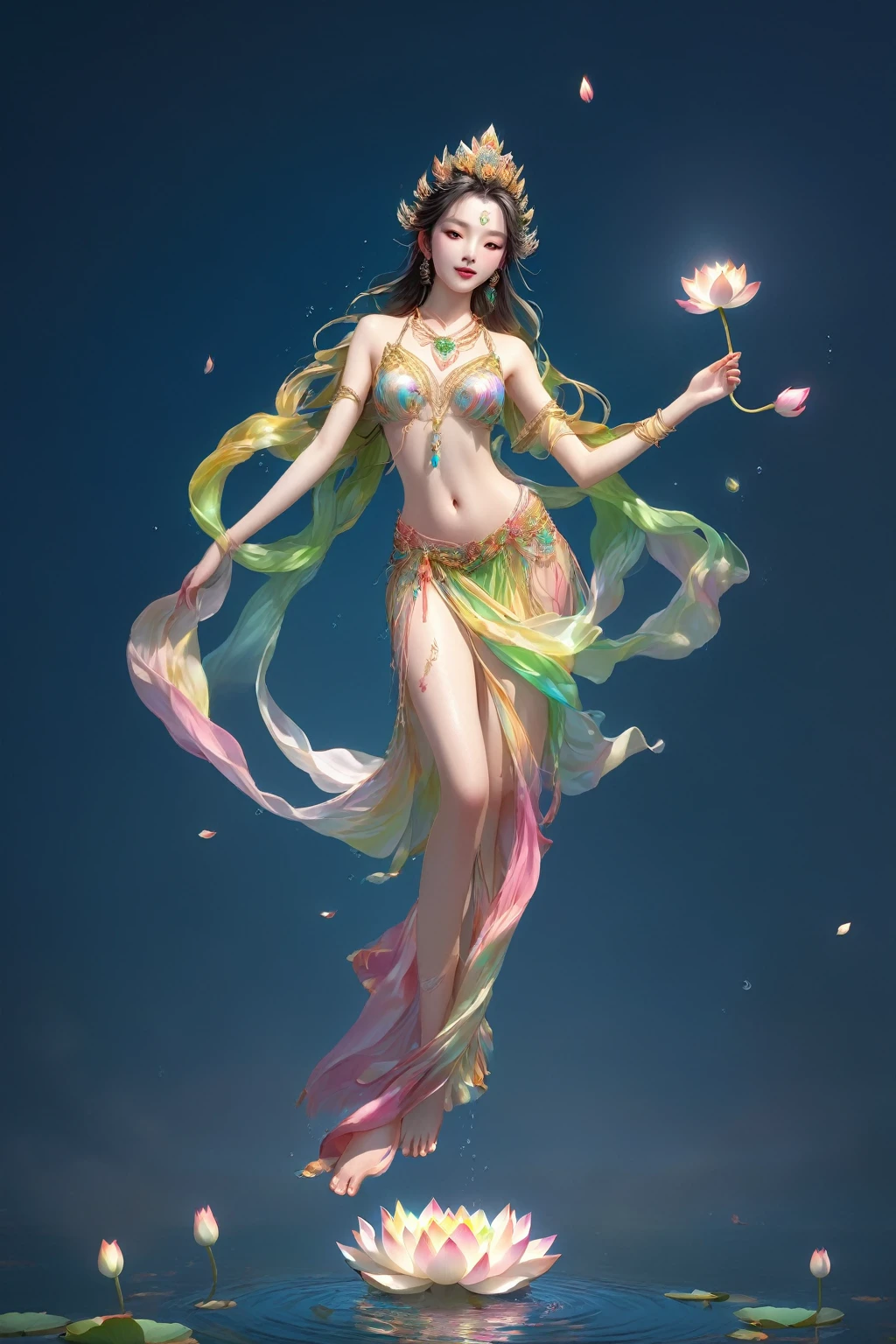 (((Beautiful goddess)))，Standing barefoot on a large lotus in the water，（（（ the skin is green））），Handprints，crown，necklace，Yingluo， ribbons fluttering on his body ，  beautiful and delicate facial features  ，Rosy , Smooth and delicate skin， in the arcade，barefoot，Perfect hands，Perfect feet， has an aperture on the back of his body ， full body lighting ， luminaries ， No shadow on the body ，sunny， rainbow in the sky ， wind blowing skirt ， characters shining ， layers of depth and space ， bright sky，glow，flame， clean picture background 、Flat，Unique Perspective ，masterpiece，Realistic，Professional Photography