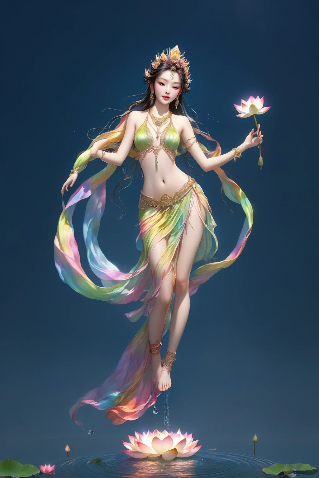 (((Beautiful goddess)))，Standing barefoot on a large lotus in the water，（（（ the skin is green））），Handprints，crown，necklace，Yingluo， ribbons fluttering on his body ，  beautiful and delicate facial features  ，Rosy , Smooth and delicate skin， in the arcade，barefoot，Perfect hands，Perfect feet， has an aperture on the back of his body ， full body lighting ， luminaries ， No shadow on the body ，sunny， rainbow in the sky ， wind blowing skirt ， characters shining ， layers of depth and space ， bright sky，glow，flame， clean picture background 、Flat，Unique Perspective ，masterpiece，Realistic，Professional Photography