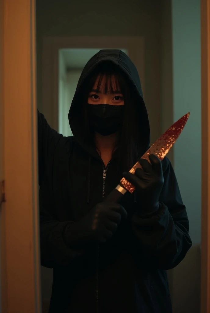 korean girl, (behind corpse, surgical mask), multiple girls, holding knife, stabbing, black raincoat, black gloves, hood up, room full of blood, black wet suit, holding knife, black gloves, behind corpse, blood splatter, night, mass murderer, robbery, in the house,