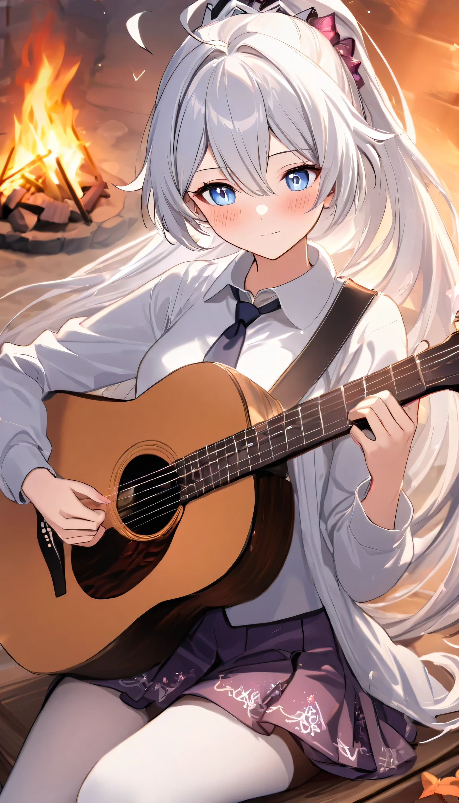 
A girl is playing guitar by the campfire, campfire circle, acoustic guitar, playing instrument, strumming gently, medium close-up, under the warm glow of the fire with friends listening and stars twinkling above, 1girl, kiana kaslana \(honkai impact 3rd\), herrscher of finality, white hair, ahoge, ponytail, very long hair, blue eyes, purple pupils, medium breast, skinny skin, blush, closed mouth, heavy breathing, white hoodie, White shirt from the front, Collared shirt, tie, Short skirt, purple Skirt, pantyhose, (masterpiece:1.2), (best quality:1.2), (very aesthetic:1.2), (absurdres:1.2), (detailed background), (detailed face:1.1),