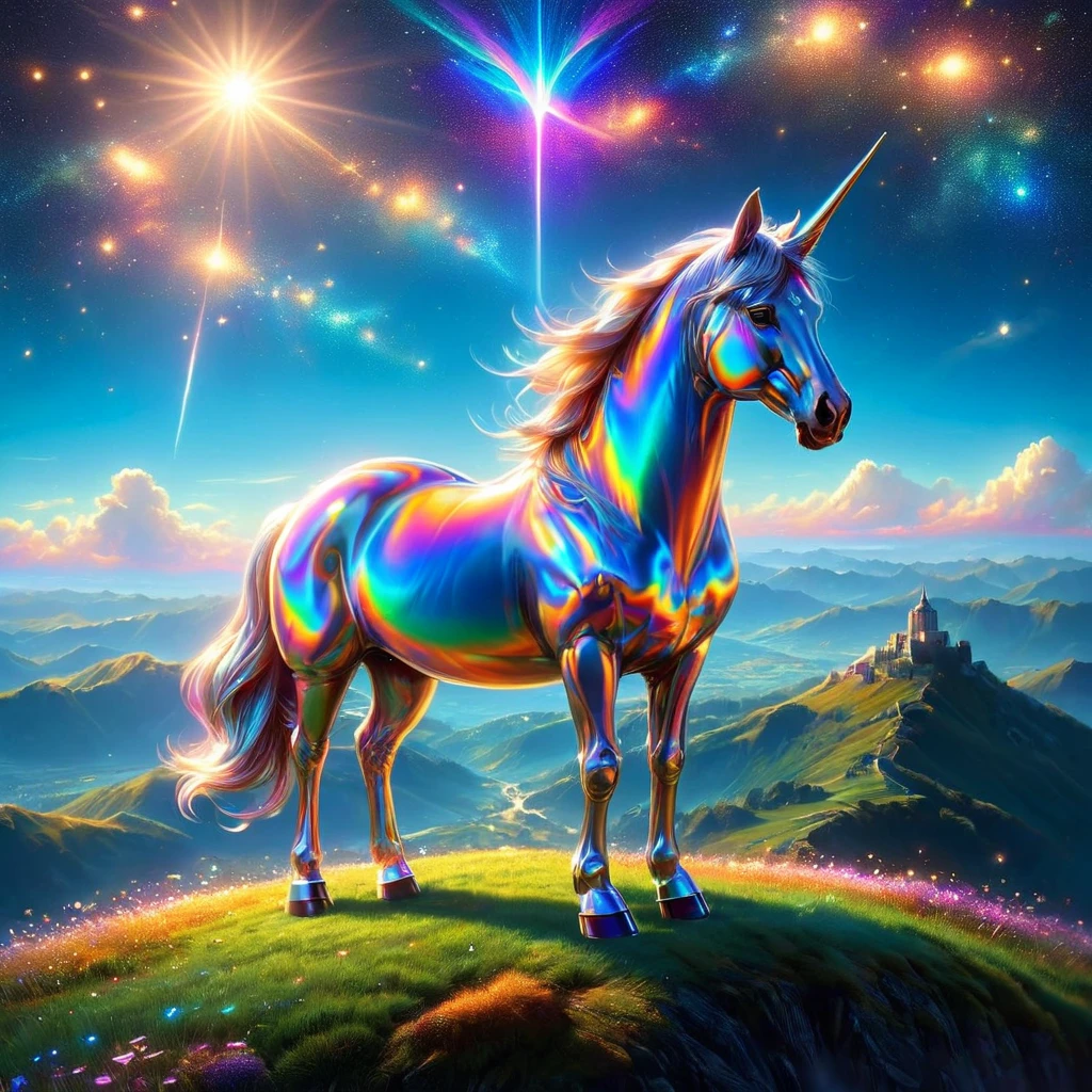 (Cute cartoon style:1.4), masterpiece in maximum 16K resolution, a love couple of majestic fantasy unicorns standing on a grassy hill. | Mystical starry sky. | A single huge neon heart above the unicorns. | ((More_Detail))