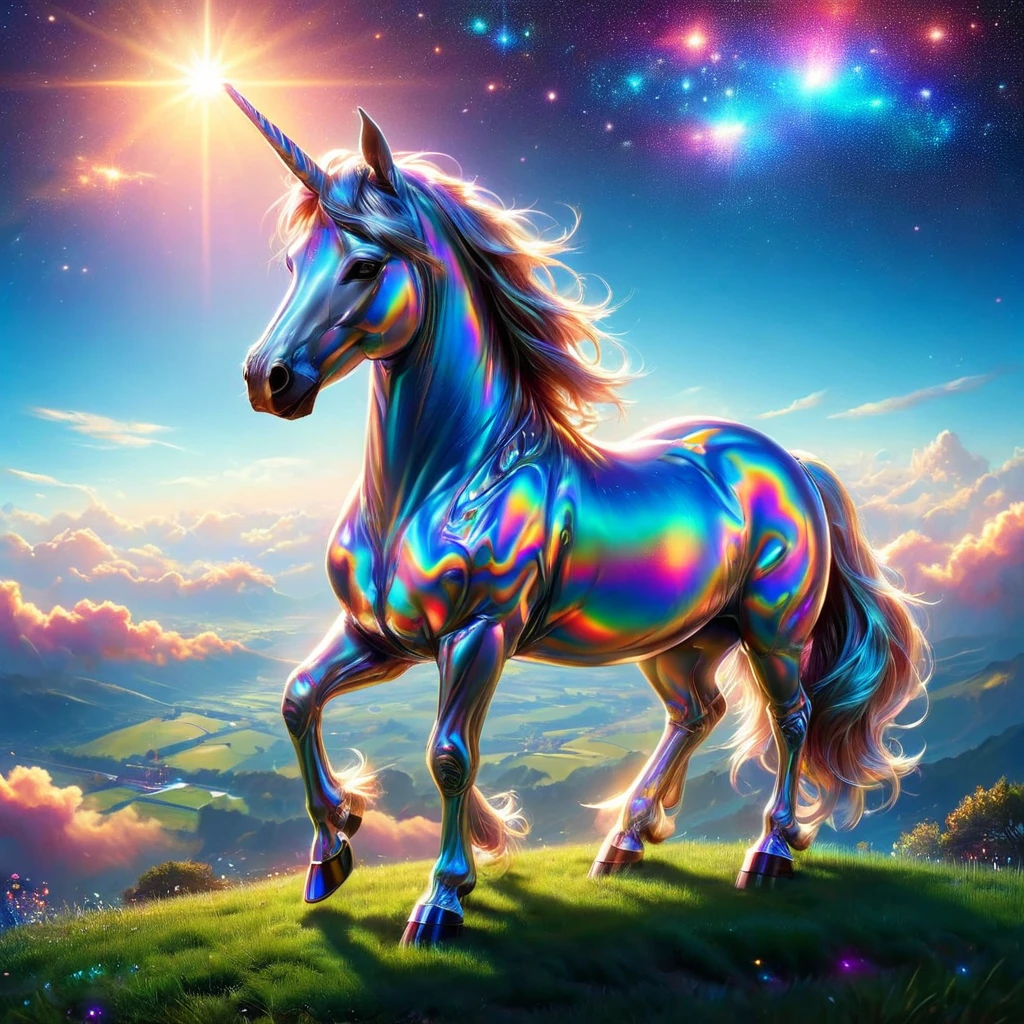 (Cute cartoon style:1.4), masterpiece in maximum 16K resolution, a love couple of majestic fantasy unicorns standing on a grassy hill. | Mystical starry sky. | A single huge neon heart above the unicorns. | ((More_Detail))