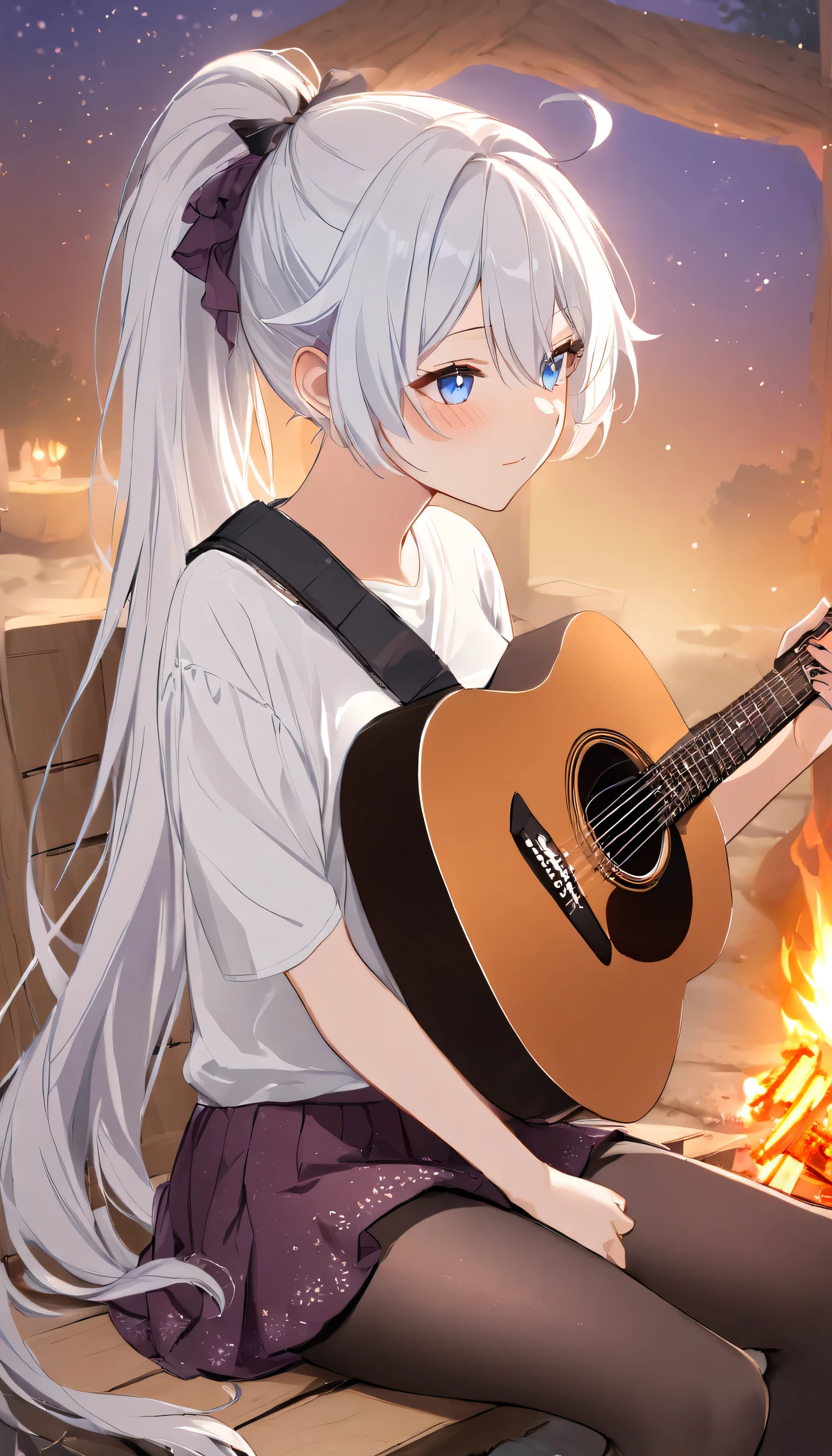 
A girl is playing guitar by the campfire, campfire circle, acoustic guitar, playing instrument, strumming gently, medium close-up, under the warm glow of the fire with friends listening and stars twinkling above, 1girl, kiana kaslana \(honkai impact 3rd\), herrscher of finality, white hair, ahoge, ponytail, very long hair, blue eyes, purple pupils, medium breast, skinny skin, blush, closed mouth, heavy breathing, white hoodie, White shirt from the front, Collared shirt, tie, Short skirt, purple Skirt, pantyhose, (masterpiece:1.2), (best quality:1.2), (very aesthetic:1.2), (absurdres:1.2), (detailed background), (detailed face:1.1),