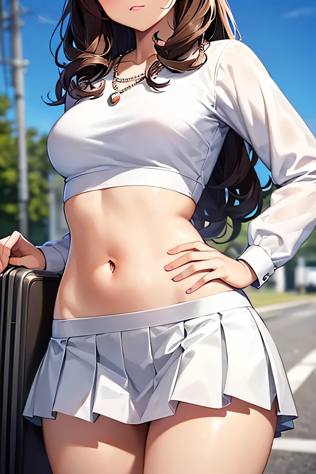 super fine illustration, vibrant colors, masterpiece, sharp focus, best quality, depth of field, cinematic lighting, ultra detailed, white skirt, pleated skirt, navel, 1 woman, solo, slender,blush, mature female, tall woman, looking down, dark hair, long hair, embarrassed, curly hair, white shirt, small breasts, bellybutton, pearl necklace, puffy long sleeves, lips, luggage, outdoors, thighs, open air, makeup, hand on own hip, crop top, collarbone, empty road, air field, looking down, afraid