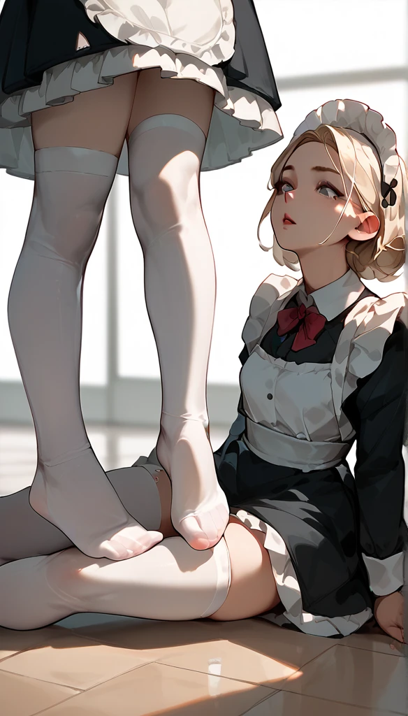 Anime Women, Maid,  white stockings , raised leg, feet on throat, Stomping of feet on neck, looking down, head out of frame, throw