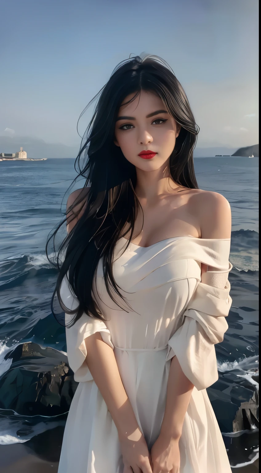 facing at camera，face to the viewer，standing on your feet，High picture quality，Works of masters，Daughter，Black hair，Long hair shawl，Long hair flowing over the shoulders，cropped shoulders，clavicle，exquisite face，Hydrated red lips，white dresses，clavicle，facing at camera，Single photo，upperbody closeup，A sad expression，Bust，Real Persono，（the sea，sandbeach），CG rendering，16k，Stand up，The night view was beautiful，A sad parting，hyper HD，The details were perfect，The picture is real，Extreme picture quality，Highest accuracy，8k resolution，Shades of darkness，8k, Yes ,Ultra HD,8k