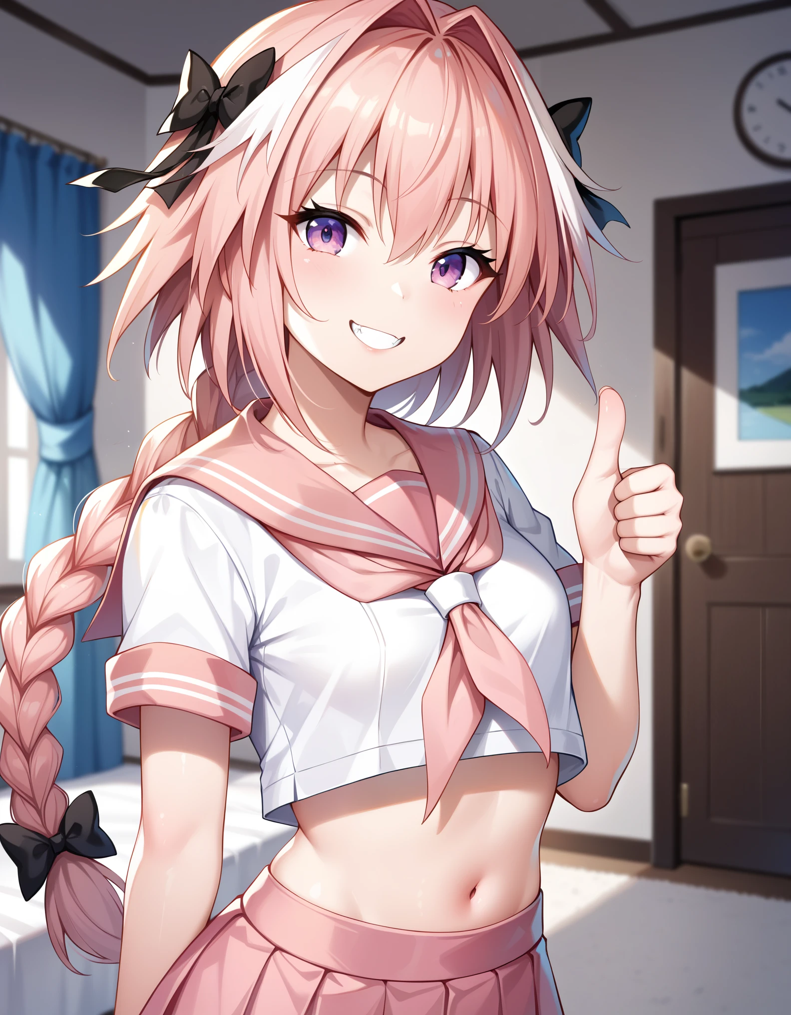 masterpiece, best quality, highres, astolfo, single braid, small breasts, sailor uniform, serafuku, pink sailor collar, midriff, pink skirt, white thighhighs, standing, indoor,rooms, house, upper body, smile, one thumbs up, (thumbs up:1.2)