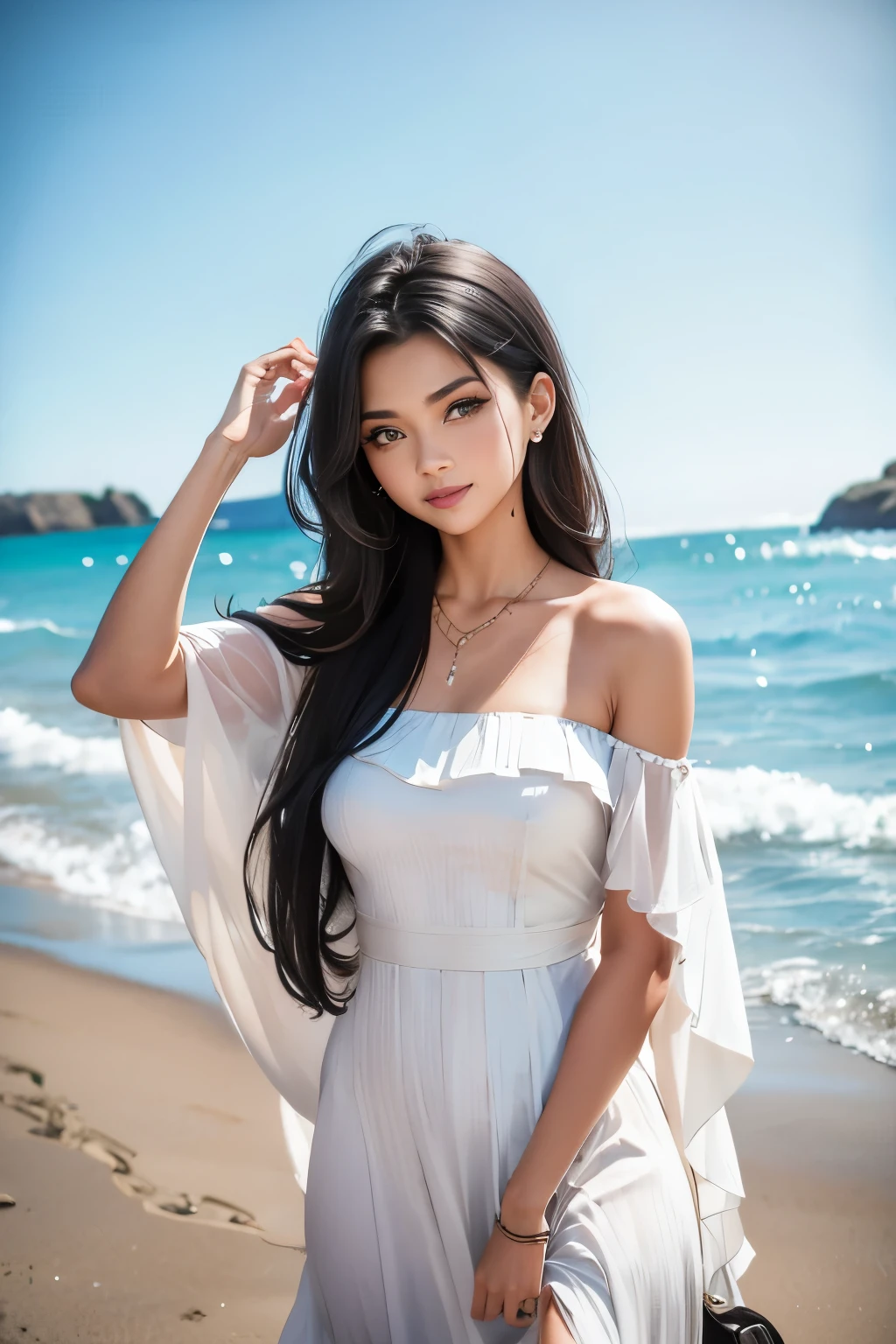 Under the setting susian woman with long black hair enjoying the sea breeze at the beach，The sea breeze ruffled her long hair，She was wearing a white off-the-shoulder dress，Looking at the camera with the scissors hand gesture