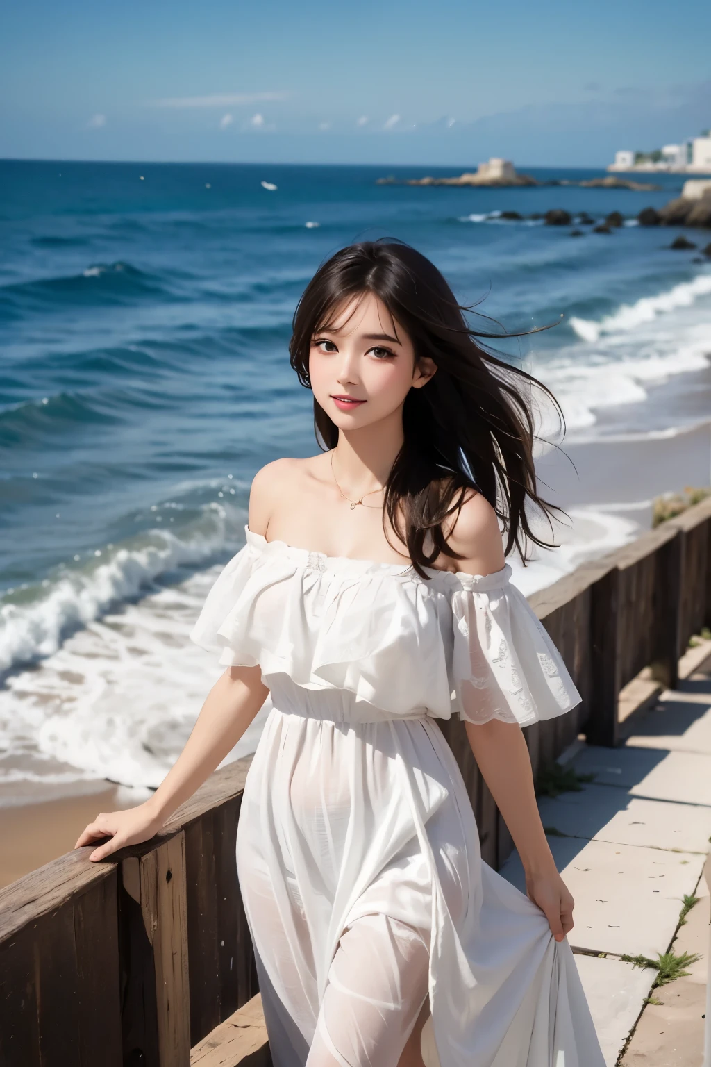 A sweet girl by the sea，voluminous hair，Delicate face，Photorealsitic，of a real，largeaperture，wears a white dress，A cropped dress，Off-the-shoulder，A dress around the neck，Slim，sexy for， ultra-high resolution