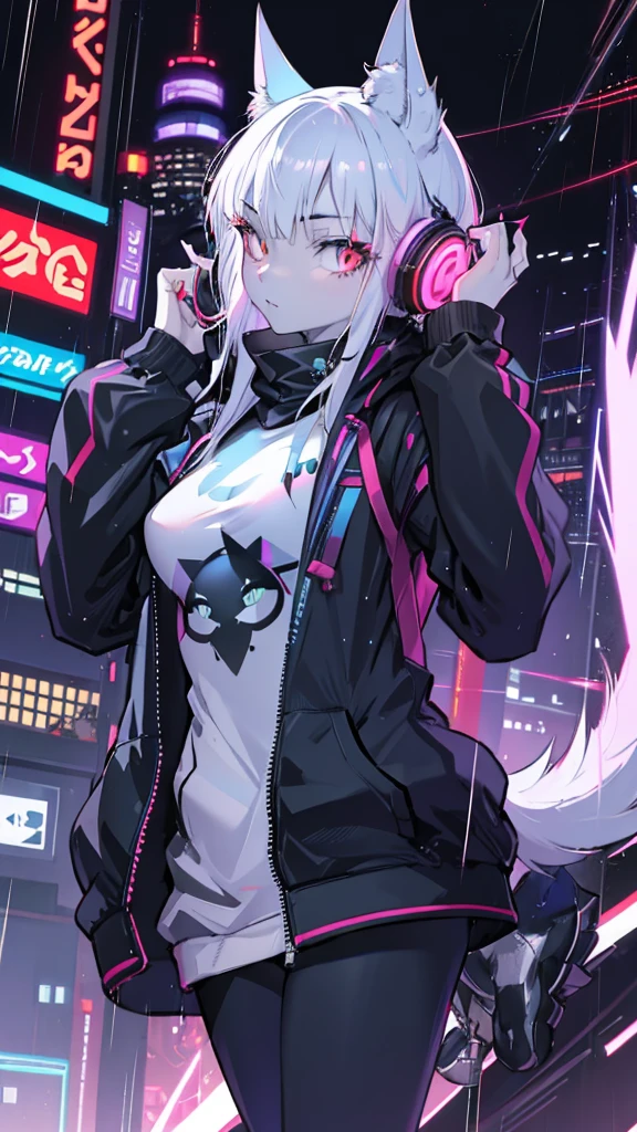  cat in human form,Night City,rain,   black hoodie,Odd Eye, Kampala  , Suspicious vibe  ,   I'm Wearing a Hoodie  ,White shiny hair,Plug Suit, High-quality images, Futuristic,  Cyberpunk, Future City Girl ,  neon color ,  Wide Sleeve Jacket , Earphones, Mysteriously glowing eyes,cat mask 