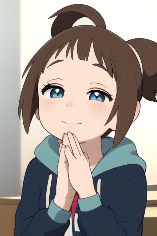  1 girl ,   ponytail,  upper body,  take your hands to your mouth ,  staring at viewers ,  half-closed eyes,  hoodie, Brown Hair,  blue eyes ,