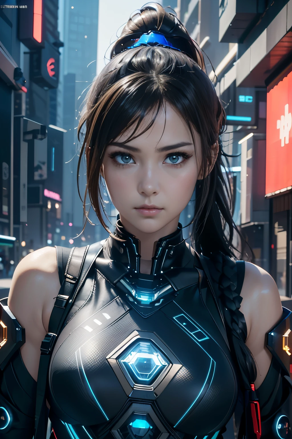 Game Art，Best image quality，Highest Resolution，8K，((Bust photo))，((Portraiture))，(Three-part method)，Unreal Engine 5 Renders， (Future Girl)，(Woman warrior)，22-year-old girl，(Long ponytail hairstyle in red and blue shades)，(Beautiful eyes with attention to detail)，(Big Breasts)，Elegant and attractive，smile，(Frowning)，(Clothes filled with futuristic sci-fi style，sweater，Delicate pattern，Shining Jewel，armor)，Cyberpunk characters，Futuristic Style， Photo pose，Street background，Cinema Lighting，Ray Tracing，Game CG，((3D Unreal Engine))， Rendering Reflection Pattern