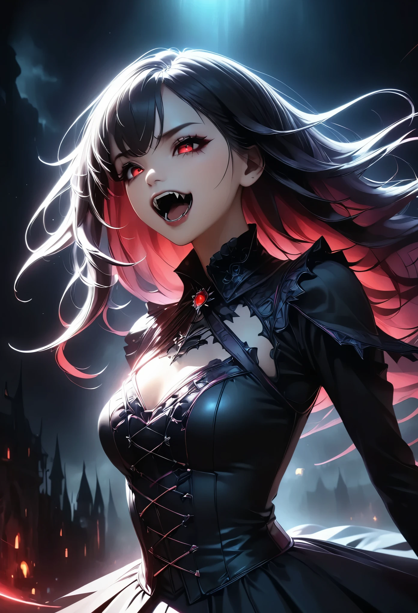 1 Female Vampire 、A wicked and beautiful monster woman、 sharp fangs、Gothic dark fantasy、 dynamic なポーズ、Dramatic lighting、Moody Movie 、 complicated details、Film composition、暗くて不機嫌なatmosphere、 Dramatic Light and Dark Lighting 、(Best Quality:1.2、 very detailed 、 super high definition、 high contrast、 anime style 、 Detailed CG Illustrations 、masterpiece:1.2、Best aesthetics)、 Neon Effect:1.2、 dark fantasy、Cinematic、dramatic、atmosphere、dark、Gothic、Functional、魅惑的、Charming、 dynamic 、Powerful、strong、Impression