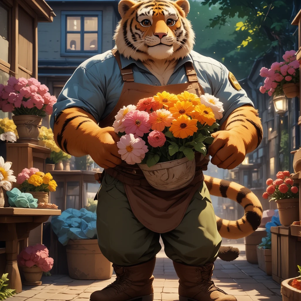 character focus, full body, looking away, dynamic angle, florist, a muscular middle-aged tiger man, happy, light smile, marigold, shirt, slacks, apron, standing, presenting a bouquet of flowers, dynamic pose, evening, england, flower shop, outdoor, detailed painting landscape, BREAK full body in Michelangelo Buonarroti style, housamo style, digital illustration anime, full color HDR, BREAK complete anatomy, perfect proportions, beautiful thigh gap, fluffy body, intricate fur details, beautiful fur texture, BREAK (a detailed tiger 1tail, detailed boots, detailed foot), detailed hands, 5fingers, 5fingers nails, BREAK aesthetic anime face, insanity detailed face, male face, big face, square jawline, aesthetic anime eyes, detailed brown eyes, detailed brown cornea, detailed dark brown irises, detailed pupils, male eyes, big eyes, male eyebrows, innocent look, beautiful beard, BREAK masterpiece, official art, best quality, very aesthetic, absurdres, super fine illustration, great quality, BREAK noise reduction, very highres, large filesize, high quality, 32K, 8k wallpaper, dynamic lighting, BREAK insanity detailed, ultra detailed, intricate details, extremely detailed, detailed texture, an extremely delicate and beautiful, BREAK e621 illustration, osukemo, kemohomo, anthropomorphic, furry, cartoon, harmonious body, pastoral face, virtuous eyes, floral atmosphere 