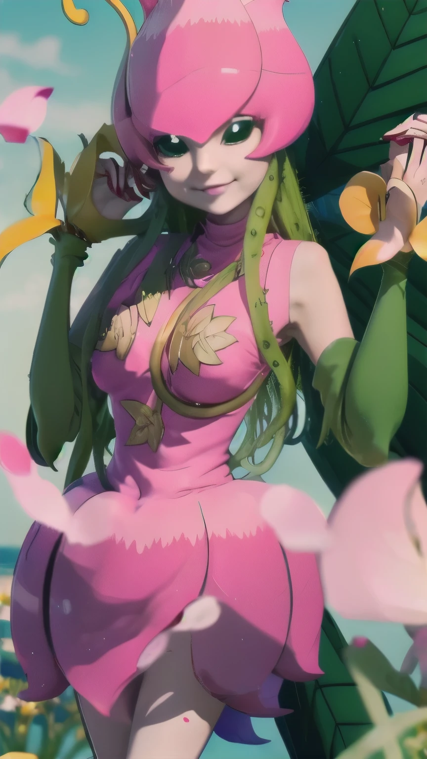 animated_lilimon_digimon_, www.., digimon \(creature\), breasts, long hair, large breasts, ,, make up,  blue eyes girl monster, hull,  girl plant lilimon  , colored skin,  tall averages,  cleavage ,  pink petals  , elbow Gloves,  navel cutout , green flower,green  Gloves, body, , thorns, cable, Gloves, Environment, rosa, flower, plant, 1 girl, Alone,  in front of the spectator,  looking at the viewer,  upper body, smile