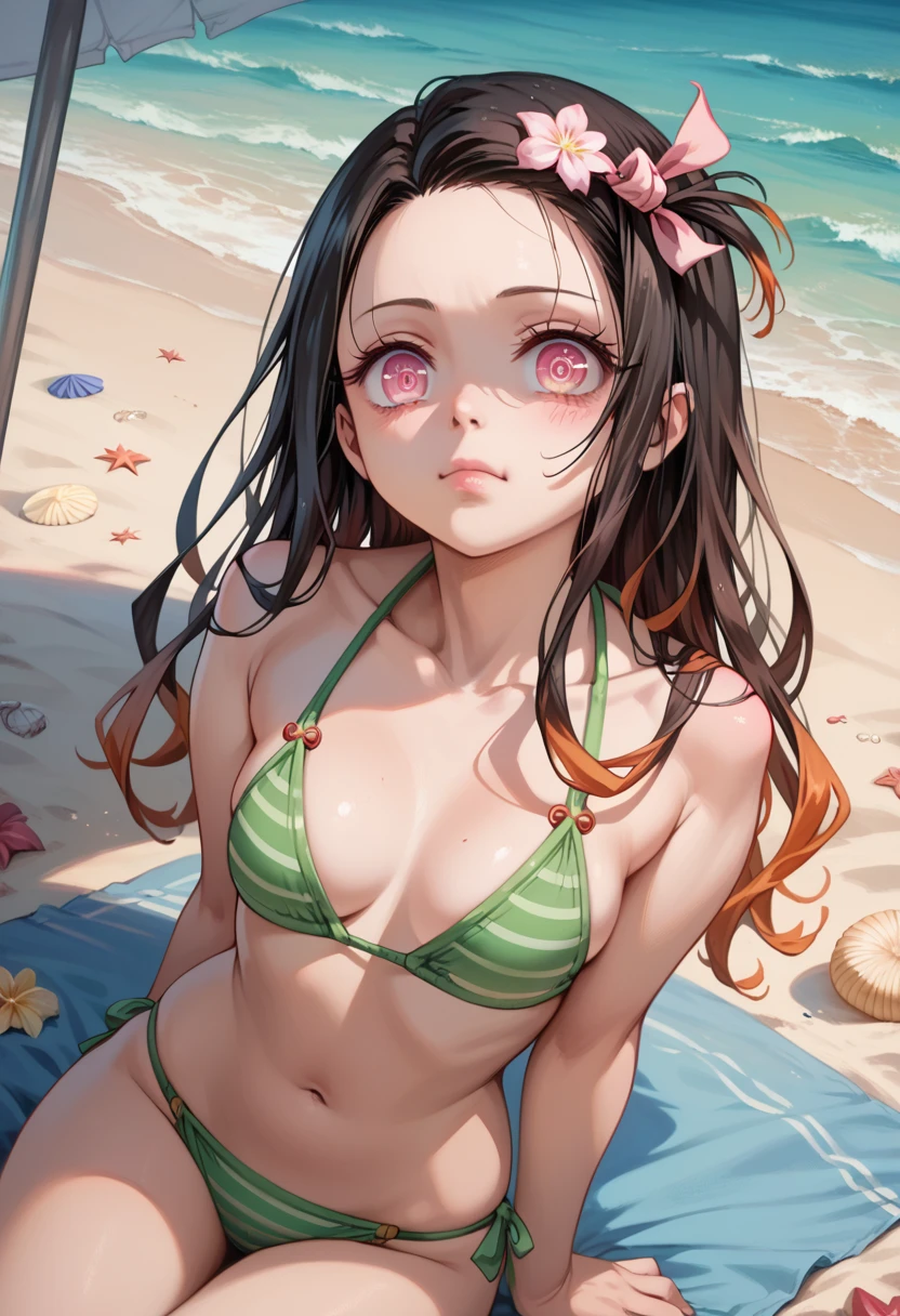 ( Best quality :1.3), (4K quality), Nezuko Kamado by demon slayer, (( detailed face)), (()), (big ), Sensual, ((striped green bikini), ((beach)),detailed face, detailed eyes, 