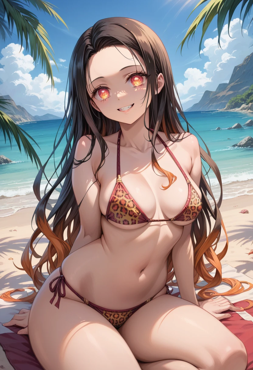 ( Best quality :1.3), (4K quality), Nezuko Kamado by demon slayer, (( detailed face)),subtle smile, thick thighs, (()), (big ), Sensual, ((leopard bikini), ((beach)),detailed face, detailed eyes, 