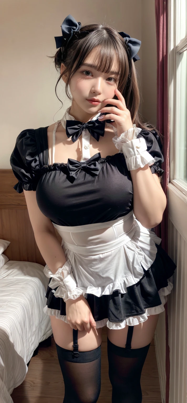 (8K、RAW Photos、Highest quality、masterpiece:1.2)、(Realistic、Realistic)、1 Girl、((Maid Costume:1.2、Thin legs、whole body、View from the front、smile、Looking into the camera、Hold your skirt with both hands and show me your black panties))、cute