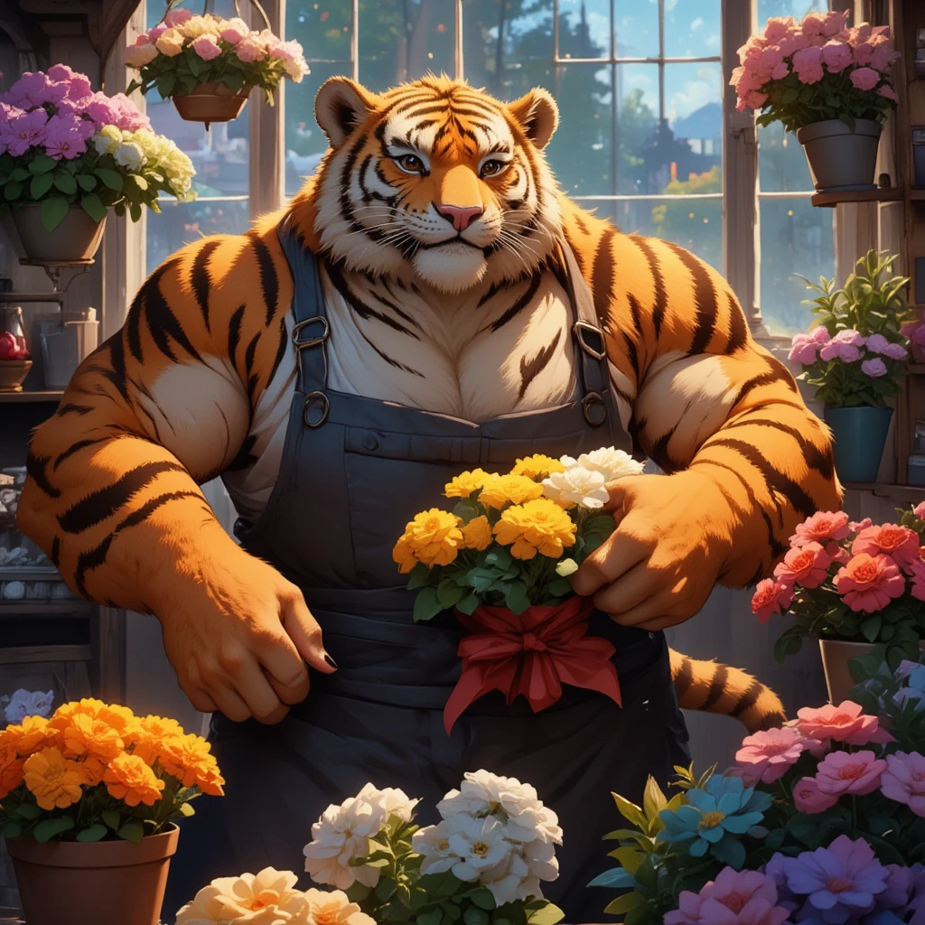 character focus, full body, looking away, dynamic angle, florist, a muscular middle-aged tiger man, happy, light smile, marigold, shirt, slacks, apron, standing, presenting a bouquet of flowers, dynamic pose, evening, england, flower shop, outdoor, detailed painting landscape, BREAK full body in Michelangelo Buonarroti style, housamo style, digital illustration anime, full color HDR, BREAK complete anatomy, perfect proportions, beautiful thigh gap, fluffy body, intricate fur details, beautiful fur texture, BREAK (a detailed tiger 1tail, detailed boots, detailed foot), detailed hands, 5fingers, 5fingers nails, BREAK aesthetic anime face, insanity detailed face, male face, big face, square jawline, aesthetic anime eyes, detailed brown eyes, detailed brown cornea, detailed dark brown irises, detailed pupils, male eyes, big eyes, male eyebrows, innocent look, beautiful beard, BREAK masterpiece, official art, best quality, very aesthetic, absurdres, super fine illustration, great quality, BREAK noise reduction, very highres, large filesize, high quality, 32K, 8k wallpaper, dynamic lighting, BREAK insanity detailed, ultra detailed, intricate details, extremely detailed, detailed texture, an extremely delicate and beautiful, BREAK e621 illustration, osukemo, kemohomo, anthropomorphic, furry, cartoon, harmonious body, pastoral face, virtuous eyes, floral atmosphere 