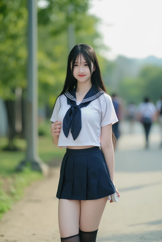 a young woman wearing school uniform standing tall on the park