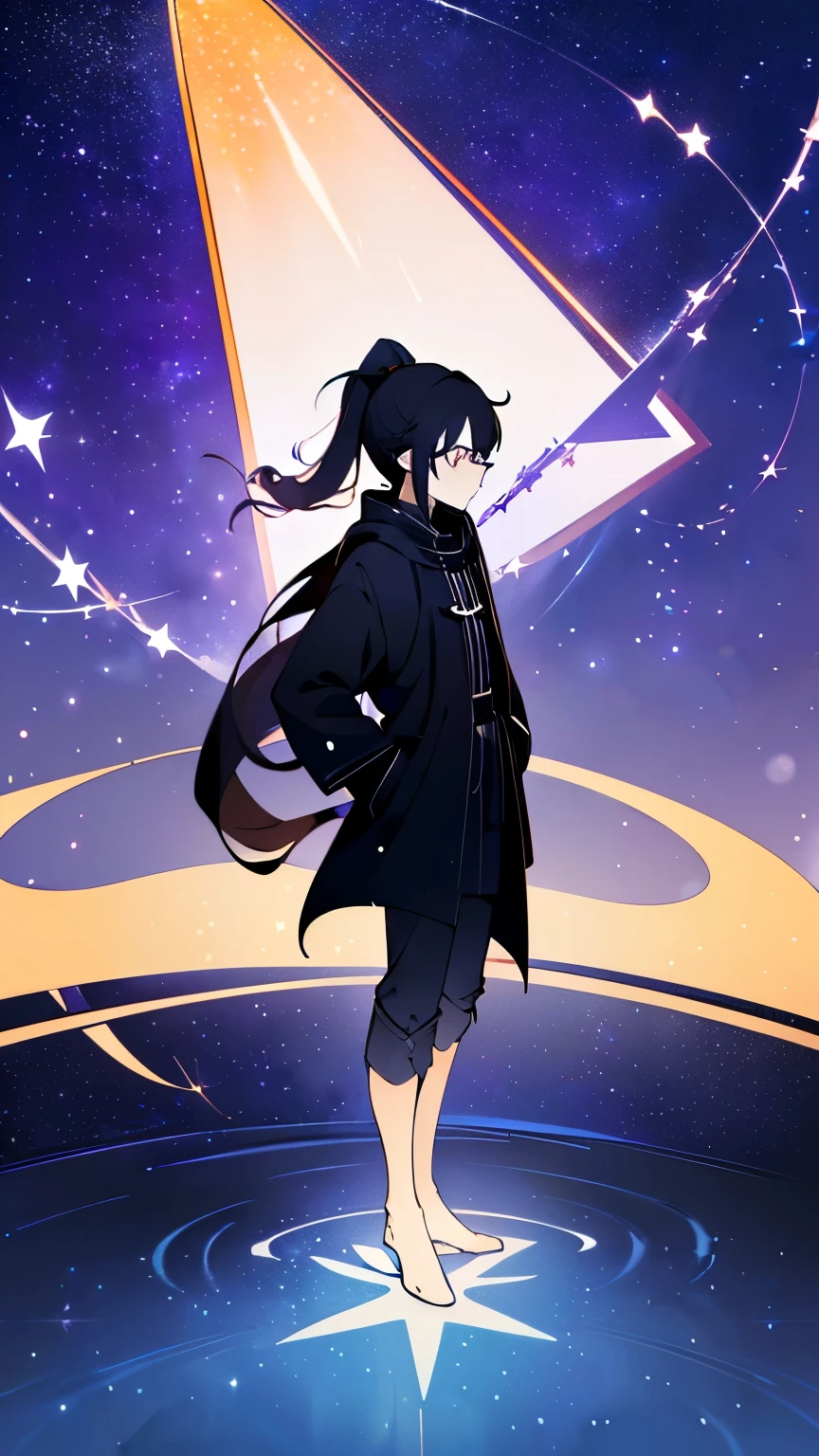 Name: Shadow Moon Tianma _, 
element:  STELARA
Description :  A  star magician , and stars shining in the background of the winter forest , yet tough and unyielding .  His mysterious mystery reflects the complex surface of the universe.  Once a famous explorer ,  living in seclusion after losing a loved one .
Rapid: (((( Master of Stars , high quality,  Extremely high resolution ))), 1 boy,  Lost in Thought ,  to a standing, (Dark hair,  Star-shaped Scar :1),  long hair tied into a ponytail , ((Porcelain white skin)), (( bright orange eyes :0.9,  has star tracks in the iris )), (((Detailed face, glasses:0.8,  sharp star-shaped pupils :0.9))), (( Camera View )), (( in interstellar pain :0.8)), Medium build, gaze upward,((Close your eyes, Intense focus)), ((thought decorated hand:0.9)), (((Full body view:1, hand, coat,  unobtrusive ponytail ))), looking away, ((Calm)), ((sad)), ((( gets lost all over the body , high contrast ))), 22 years old, ((Wearing goggles)), ((( The aura that shines during the appearance )))