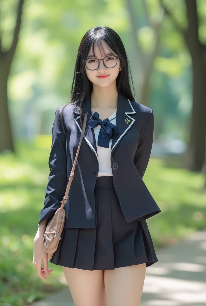 a young woman with glasses wearing school uniform standing tall on the park