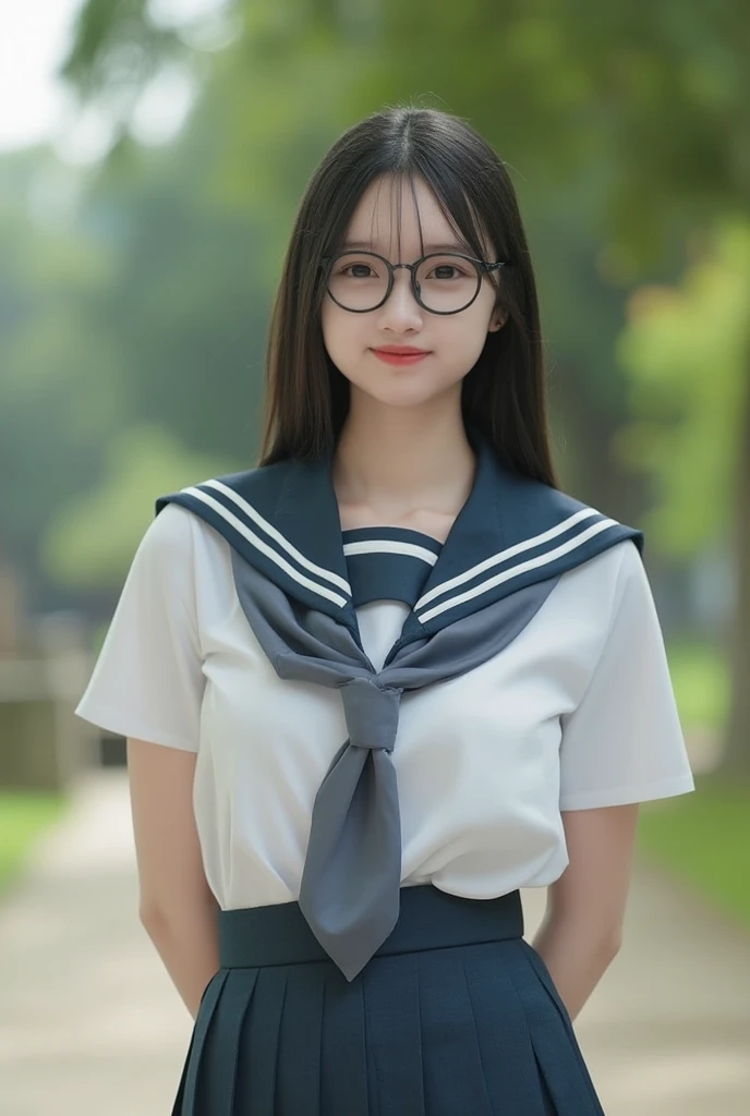 a young woman with glasses wearing school uniform standing tall on the park