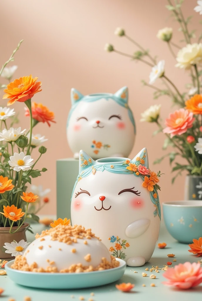 cute background , pottery with cute faces,  smooth pottery with cute faces