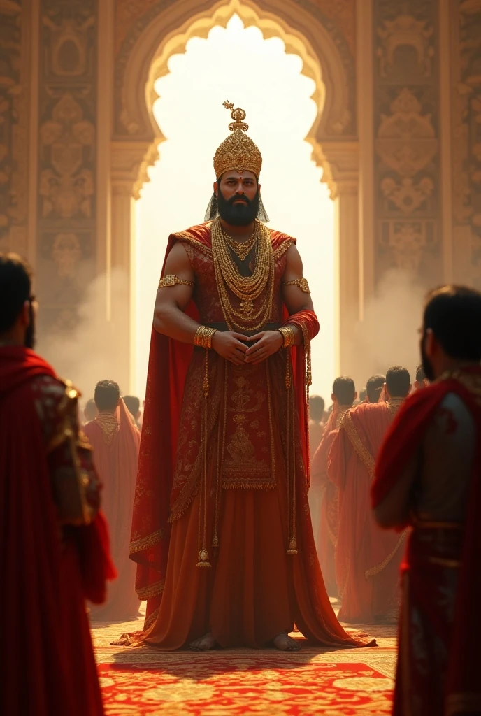 "A grand coronation scene with Chandragupta Maurya being crowned as the emperor of the vast Maurya Empire