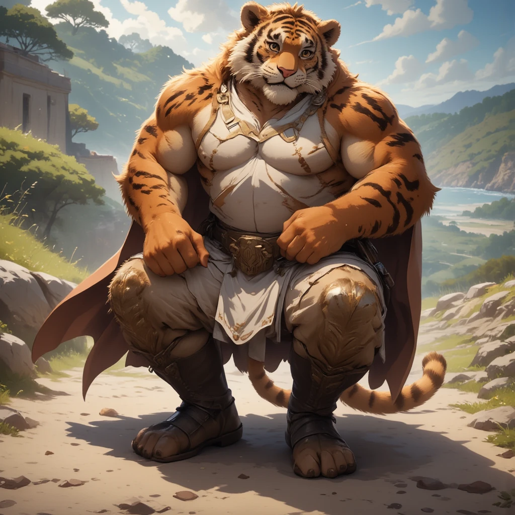 character focus, full body, looking away, various angle, european fantasy, a muscular middle-aged tiger man, clothed, heroic costume, full armor, mantle, pants, dynamic pose, BREAK complete anatomy, perfect proportions, beautiful thigh gap, fluffy body, intricate fur details, beautiful fur texture, BREAK (a detailed tiger tail, detailed boots, detailed foot), detailed hands, 5fingers, 5fingers nails, BREAK aesthetic anime face, insanity detailed face, male face, big face, square jawline, aesthetic anime eyes, detailed brown eyes, detailed brown cornea, detailed dark brown irises, detailed pupils, male eyes, big eyes, male eyebrows, innocent look, beautiful beard, BREAK full body in Michelangelo Buonarroti style, digital illustration anime, housamo style, detailed painting landscape, beach, path, outdoor, full color, HDR, BREAK masterpiece, official art, best quality, very aesthetic, absurdres, super fine illustration, great quality, BREAK noise reduction, very highres, large filesize, high quality, 32K, 8k wallpaper, dynamic lighting, BREAK insanity detailed, ultra detailed, intricate details, extremely detailed, detailed texture, an extremely delicate and beautiful, BREAK osukemo, e621 illustration, kemohomo, anthropomorphic, furry, cartoon, harmonious body, pastoral face, virtuous eyes, epic atmosphere