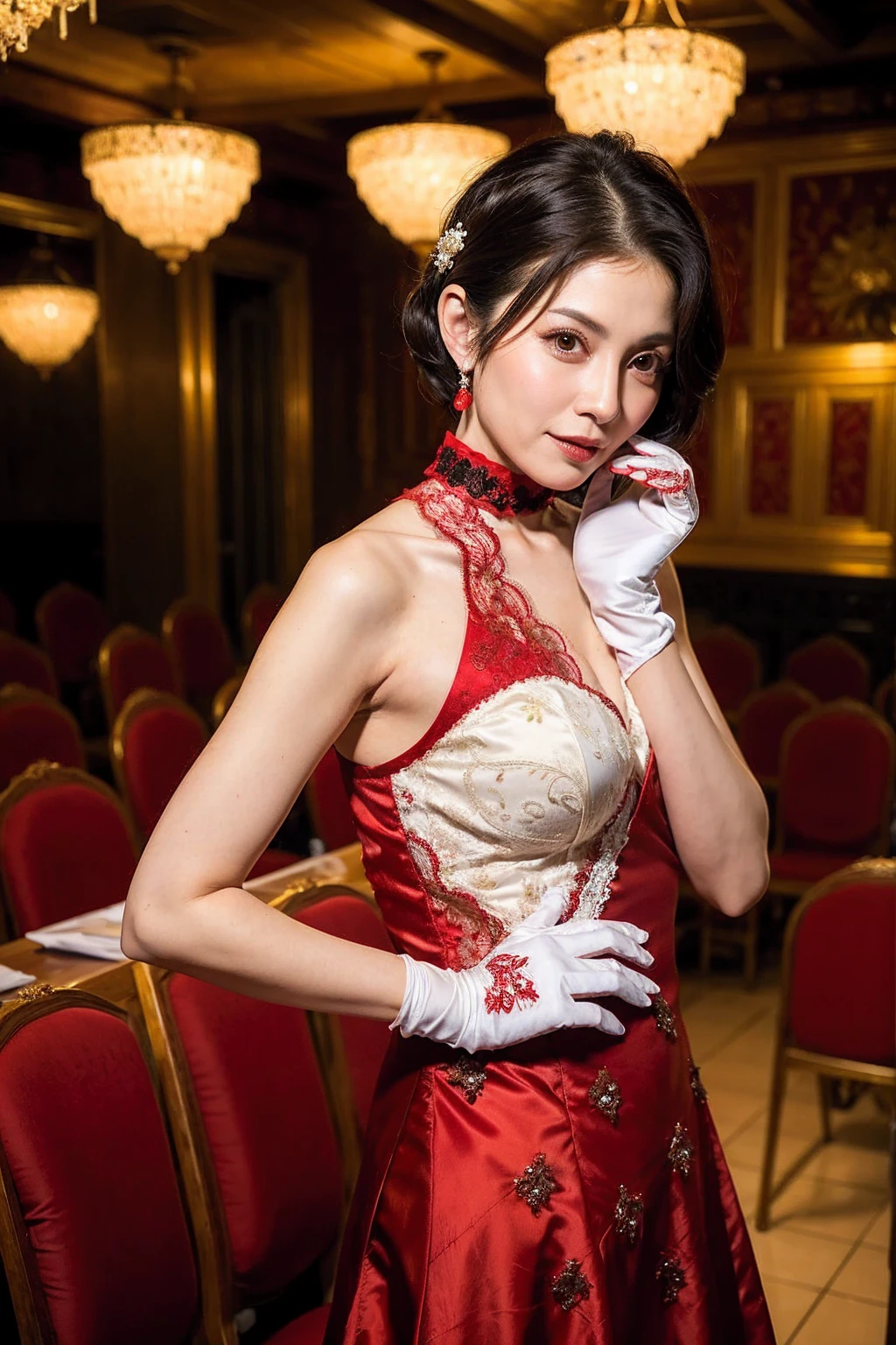 ((Masterpiece)), ((Best Quality)), A middle-aged short-hair woman, ((She is wearing an ornamental red satin wedding dress)), She is in a wedding hall, she is wearing a choker, She is wearing white gloves on her hands,  black eyes, from side