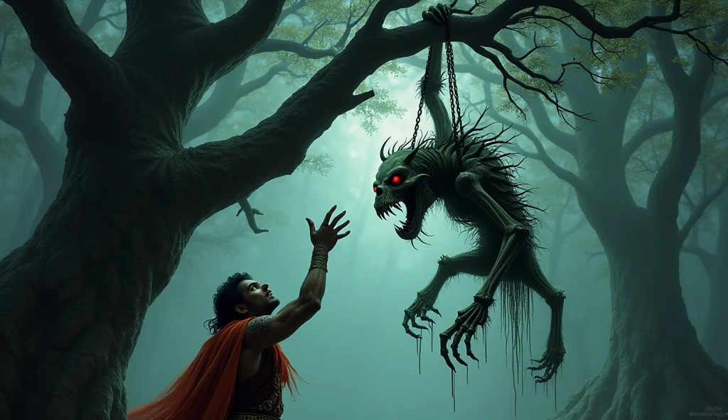 a demon made entirely of tree roots, awakens: he slept inside the iron maiden, stuck to the ceiling. There were spikes with hooked blades stuck into it, that hurt the body. The demon loves pain and only thanks to it rests and sleeps. While he was freeing himself from thorns, he screamed loudly in anger, indignant how such a dream could have happened. Vector, few colours, distorted art, ghostly, the style of the 60s, oil painting