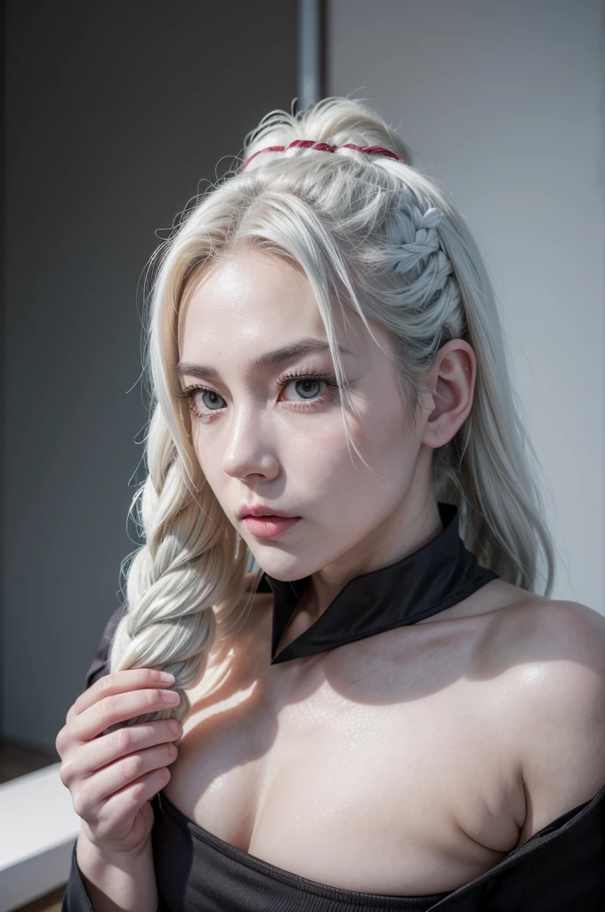 Mei mei from jujutsu kaisen, realistic, age 25, pure white skin, black pupils, white long front side braided hair, white sidelocks, pony tail, perfect face, perfect shape body, huge breasts, posing to viewer