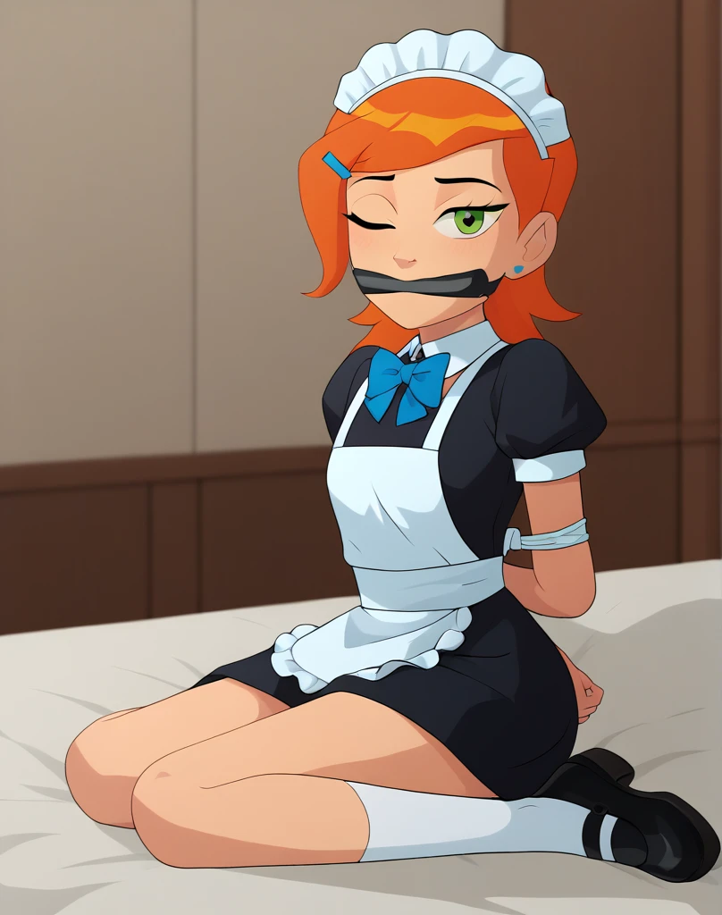 gwendolyn_Tennyson, 1 girl,Alone,maid, clavicle ,maid headdress, looking at the viewer,apron,inside, depth of field ,  sitting on the bed, straight posture, on your knees,  legs spread, socks, big wink,  masterpiece , The best quality, absurdres, highres, 4k,   formal Spiderman suit with ray tracing  ,  intricate details ,  very detailed , (1 girl: perfect face, beautiful, pechos littles,  long ginger hair , little) Alto qlb:perfect mouth,  makeup screenshot, perfect jaw, hinge of good fortune,  perfect proportions , beautiful thighs,  beautiful legs , beautiful fingers, ((High quality fabric, a bow tie)), Tied, slavery, ( arms behind back:1.4), bdsm, [Love gag, [Love, [Love slavery, close up, content, best anatomy, [Love wrapped, gagged, tightly Tied, [Love wrapped around face, [Love above breasts, [Love below breasts, 1 girl, Alone, lying on side 