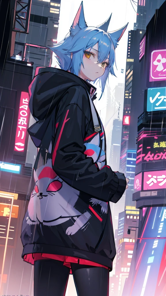 cat,パーカーを着たcat,Night City,Future,Future City, Cyberpunk,Rain black hoodie ,Wide sleeve 