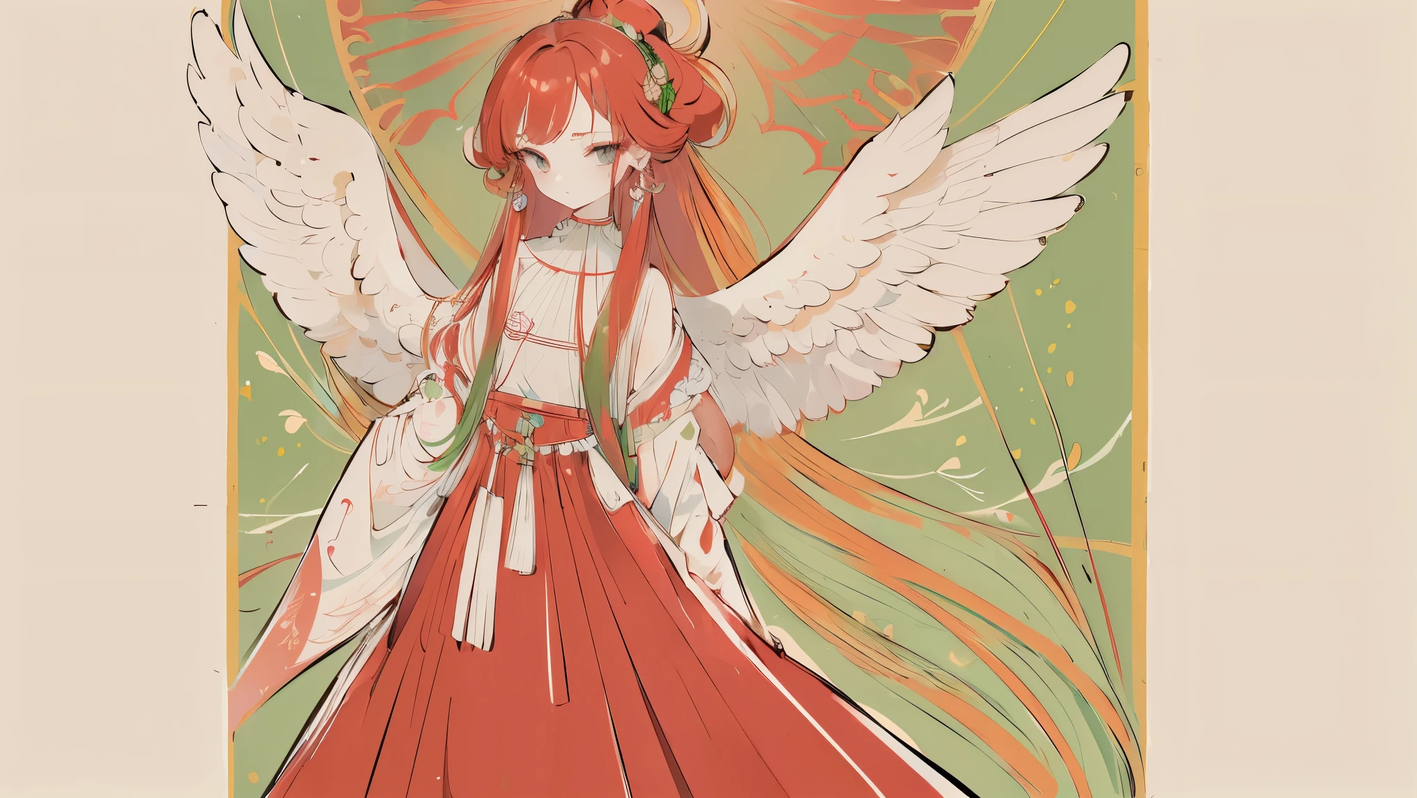 ( designed by nty :1.4), upper body portrait of a girl, Red and green colorful , Rich colors,  Amano Yoshitaka's character setting , alone,Angelic, Symmetrical Beauty, Angel Wings, Gorgeous long skirt, Stand up, ((( alone))), Color Matching，  Clear facial features ,  clear line design , Magical elements,  Future Technology , ((Tarot card background )), Standing Figure, ((Flat Color)), (masterpiece，high quality， best quality， ultra-high resolution), ((  exquisite facial features head-on ，  Clear facial features ， beautiful eyes ，Beautiful Face)) ,(32K Wallpaper),