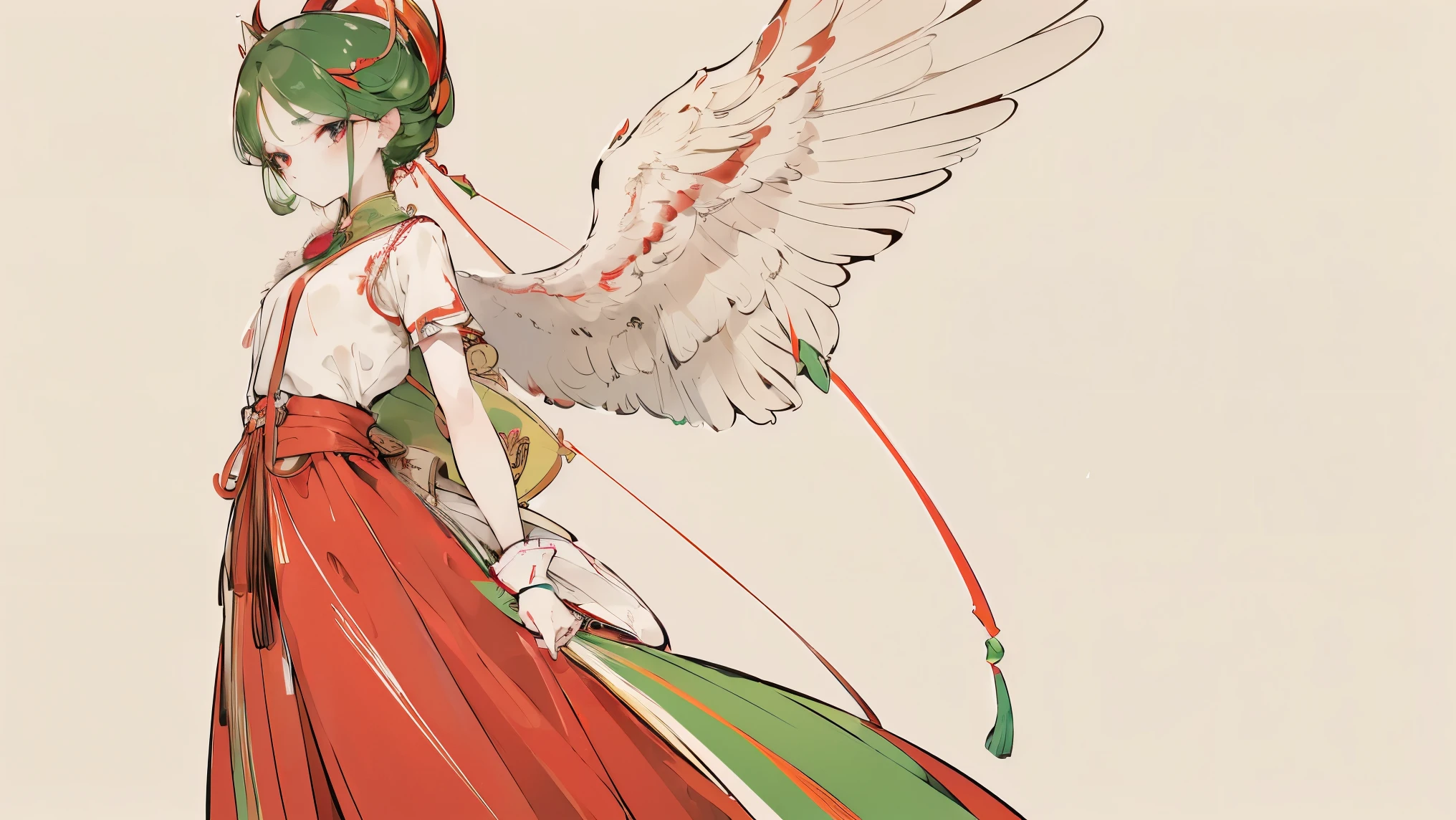 ( designed by nty :1.4), upper body portrait of a girl, Red and green colorful , Rich colors,  Amano Yoshitaka's character setting , alone,Angelic, Symmetrical Beauty, Angel Wings, Gorgeous long skirt, Stand up, ((( alone))), Color Matching，  Clear facial features ,  clear line design , Magical elements,  Future Technology , ((Tarot card background )), Standing Figure, ((Flat Color)), (masterpiece，high quality， best quality， ultra-high resolution), ((  exquisite facial features head-on ，  Clear facial features ， beautiful eyes ，Beautiful Face)) ,(32K Wallpaper),