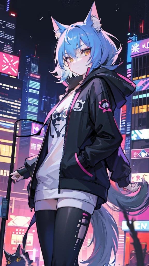 Three-haired cat, cat wearing a hoodie,Night City,Future City, Cyberpunk, black hoodie, Kampala, 