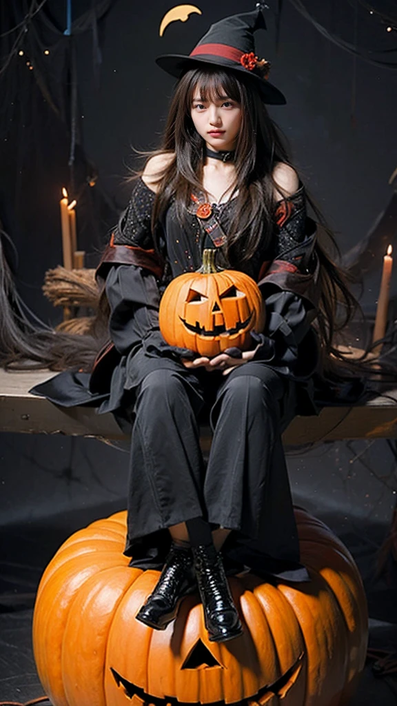 masterpiece,  best quality ,  high quality, 4K,  1 girl , Halloween Costumes,bat,Glowing Pumpkin ,Long Hair, Gray Hair, Yellow Eyes, Witch Hat 