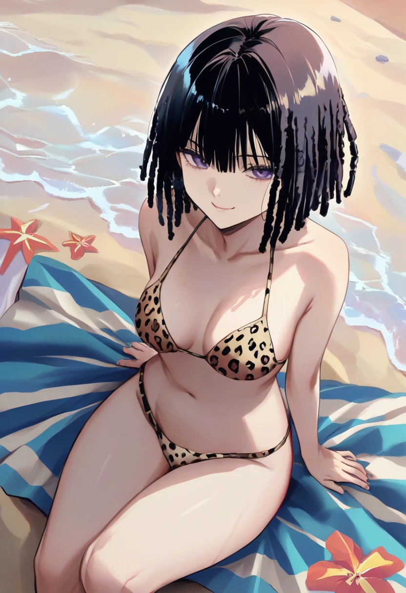 ( Best quality :1.3), (4K quality), Young and beautiful black woman,20 years, cabelos dreadlocks ,(( detailed face)),subtle smile, thick thighs, , Sensual, ((leopard bikini), ((beach)),detailed face, detailed eyes, 