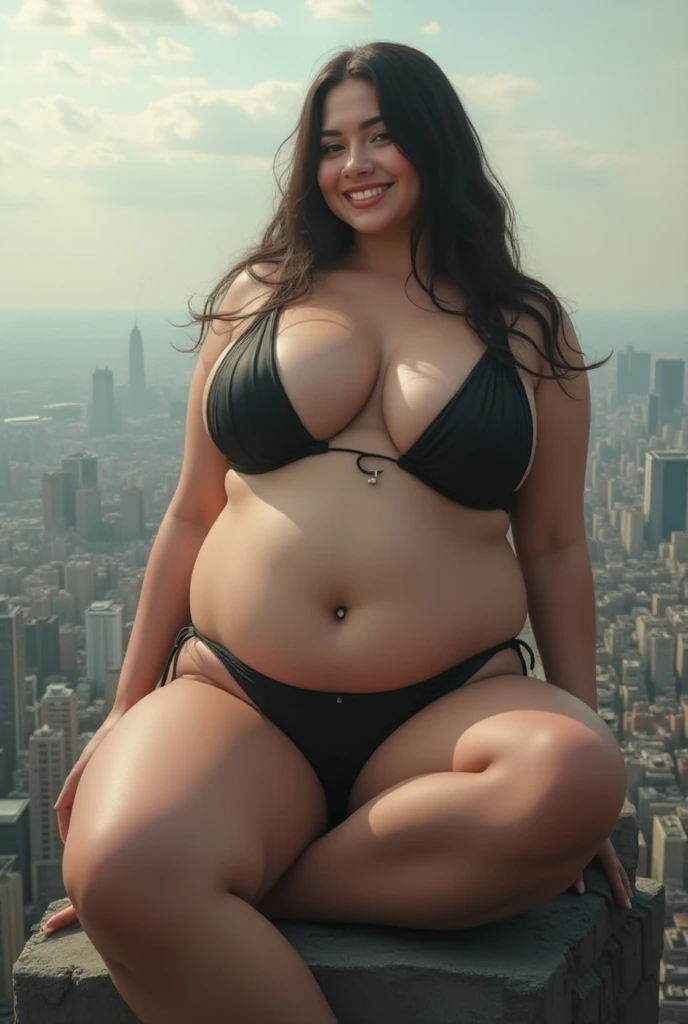 woman standing with her legs opened, looking down to me, preview from below her, wearing a black thight bikini, thick ass, fat thighs