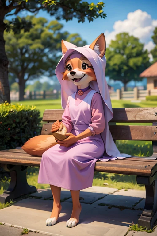 cartoon_Maid Marian _,  furry female fox holding a loaf of bread,  animal ears ,  BLACK EYES, Animal Nose,  orange fur in the middle , tooth, Tail,Veil,Purple Dress,  Long Sleeve , choker,  staring at viewers , smile, Sitting, On the bench, パンの塊を持っている, outside, village, Blue Sky,  high quality, masterpiece, 