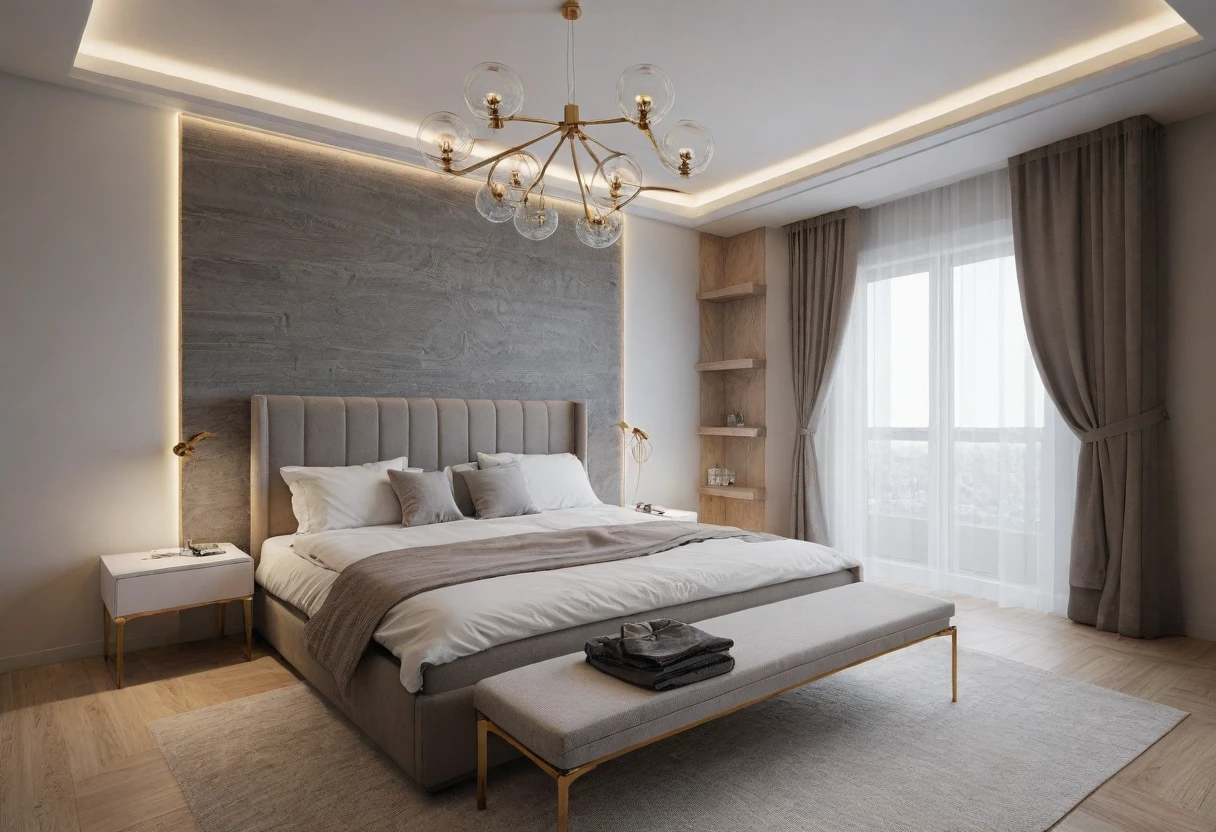 Modern bedroom design, luxurious interior, ((high resolution image, 8k, detailed anatomy of each object, rough surface, super detailed, super realistic, beautiful) spotless , surreal , spacious space , full light