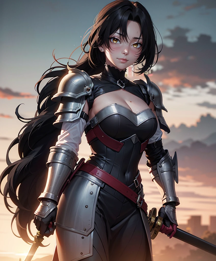 Lapisfe, One girl, alone, View your viewers, blush, bangs, gloves, Upper Body, Braiding, hair band, Outdoor, Part your lips, null, Day, Raise your hand, Pink Eyes, armor, wood, Covered navel, Blurred Background, Place your hand on your chest, shoulder armor, side Braiding, breastplate, red armor